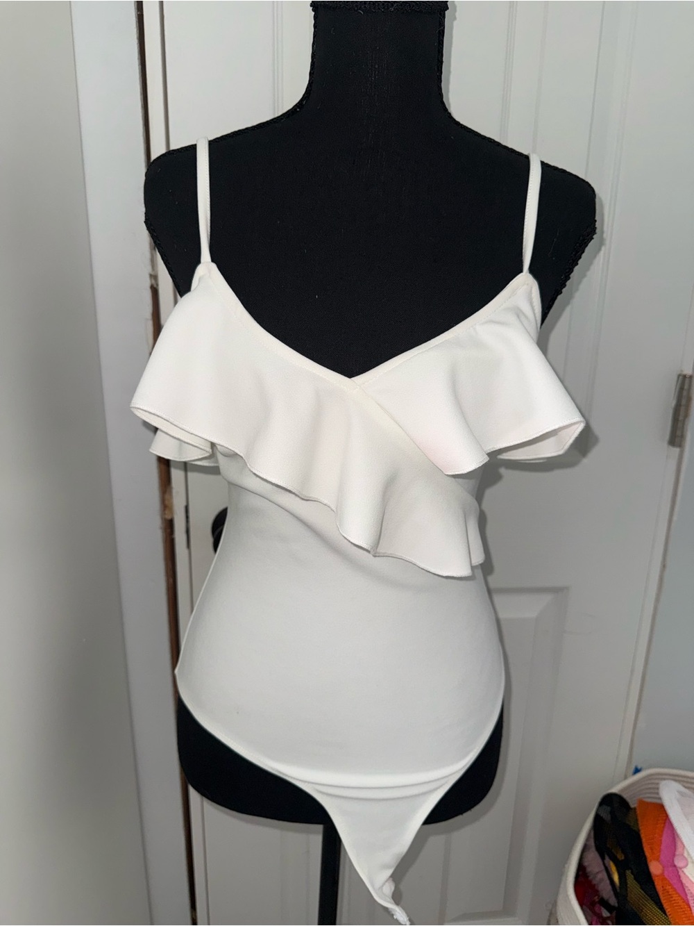 Women’s White Ruffle Strap Bodysuit